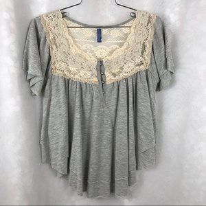 Free People Trapeze Lace Jersey Baby Doll Blouse Cropped Top XS